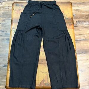 New In Black Linen Drawstring Elastic Bead Women's Cargo Pant Trouser Slacks
